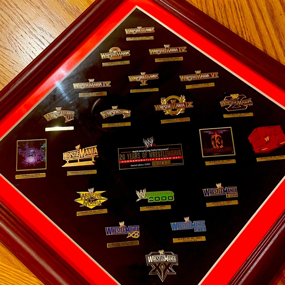 WWE/WWF Limited Edition 20 Years of Wrestlemania Commemorative Framed Pin Set